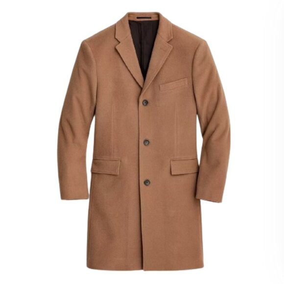 NWT JCrew Ludlow Top Coat Jacket Mens 46 L Brown Tan Three Button Wool Cashmere